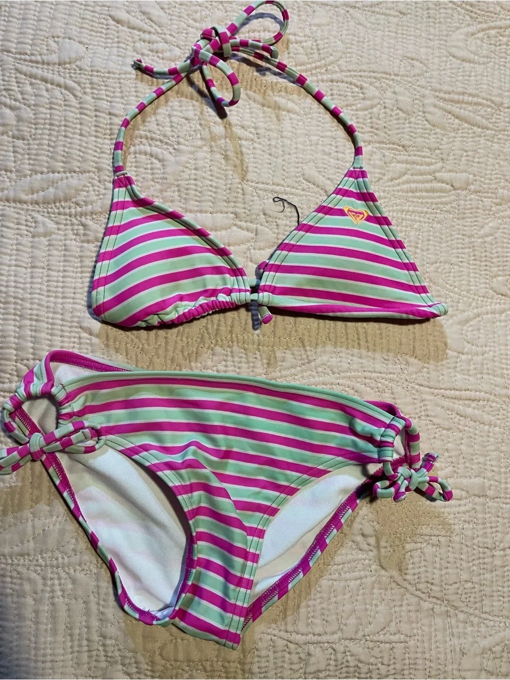Roxy Pink and Mint Striped Bikini Set